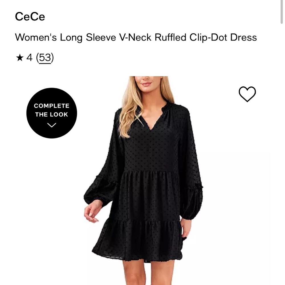 CeCe Black Long Sleeve V-Neck Ruffled Clip-Dot Dress NWOT Size Medium